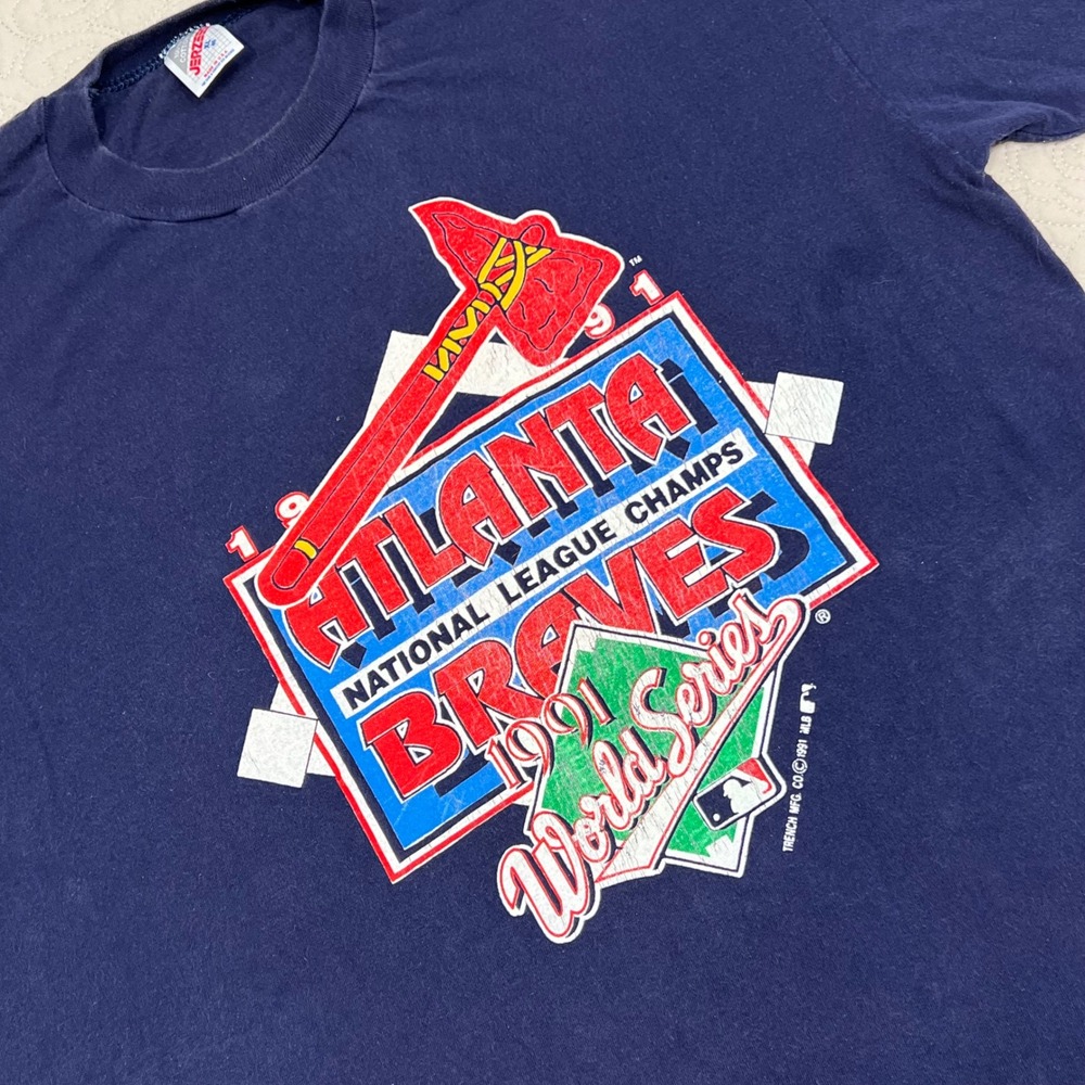 Vintage 1991 Atlanta Braves World Series T-Shirt Jerzees‎ XL Navy Blue USA Made